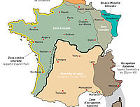 L'armistice de juin 1940 instaure une ligne de démarcation et divise la France en plusieurs zones :