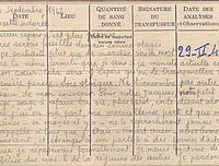 Carte de donneur de sang sur laquelle Léonce Laval écrit à son épouse
