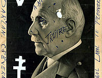 Graffiti, "V" et croix de Lorraine sur une carte postale de propagande représentant le maréchal Pétain